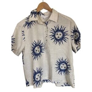 Jane + Delancey Sun Face Celestial Linen Blend Short Sleeve Shirt Womens Small